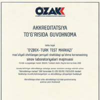 МЧЖ “O'zbek-Turk Test Markazi” ҚК “Синов лабораториялари мажмуаси” Oʻz DSt ISO/IEC 17025:2019 стандарт талаблари бўйича аккредитациядан мувафиқиятли ўтди